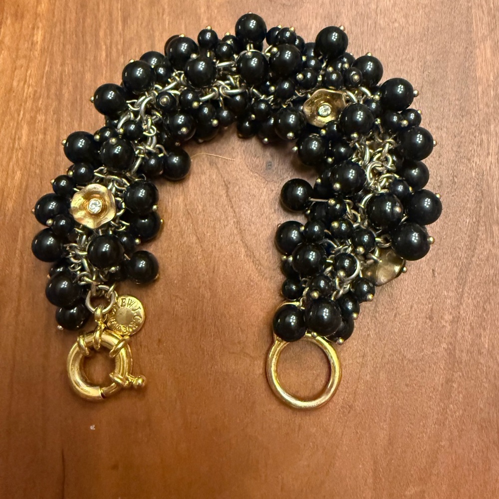 J CREW Black Bead & gold flower Gem bracelet EUC!